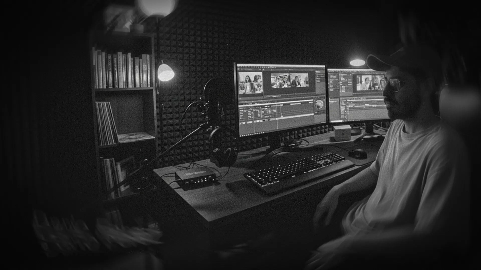 Dario Ferez en su estudio de edición, de noche, frente a dos monitores con una línea de tiempo de video abierta